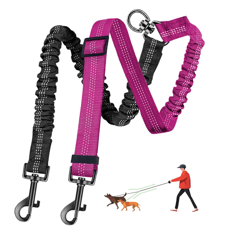 Double Dog Leash - 360°Swivel Tangle Free Splitter Attachment, 2 Dogs Multi-Functional Leashes, Dual Rope for Outdoor Walk Train Small Medium Large Two Pet, Fuchsia - PawsPlanet Australia