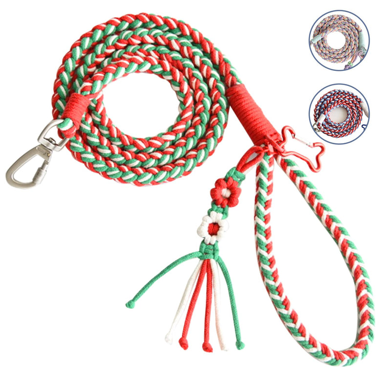 KUDOS Braided Cotton Dog Leash – Secure Lock & Comfy Handle, Handwoven Rope in Red Green White, 5.2ft Leash with Floral Accent for Small to Large Dogs, Christmas Style Holiday Cheer