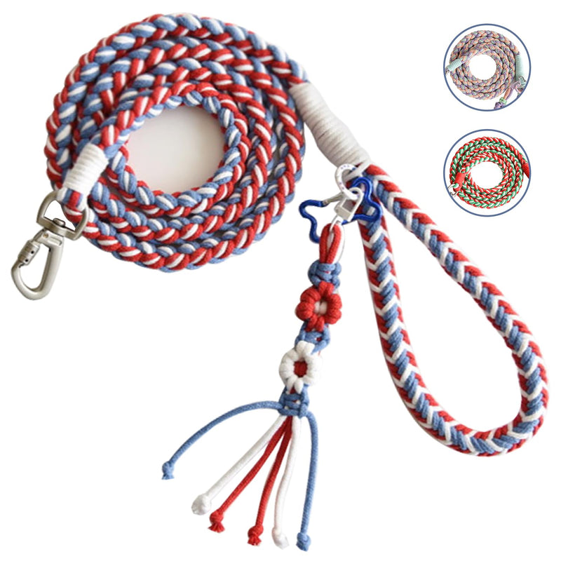 KUDOS Braided Cotton Dog Leash – Secure Handle & Locking Buckle, Handwoven Rope in Red Blue White, 5.2ft Leash with Floral Charm for Small to Large Dogs, Nautical Theme Nautical Breeze - PawsPlanet Australia
