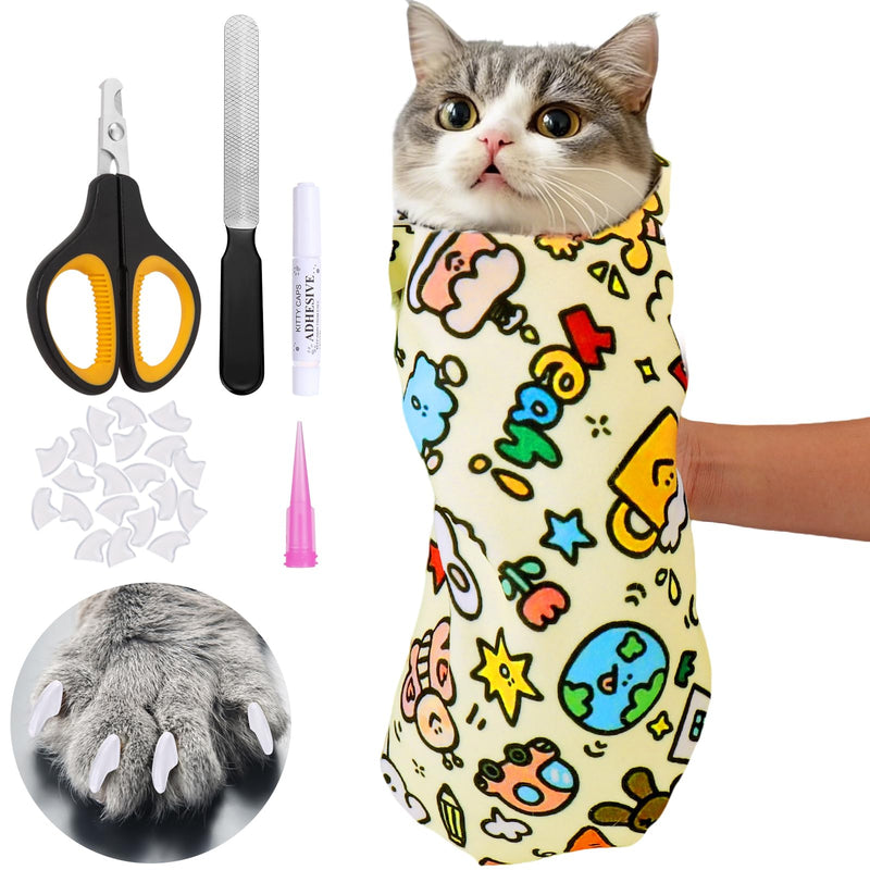 BABORUI Cat Grooming Wrap for Cutting Nails - Self-Adhesive Cat Swaddle Wrap with Nail Clipper Nail Cover, Anti-Scratch Cat Burrito Wrap for Nail Trimming, Cat Grooming Supplies - PawsPlanet Australia