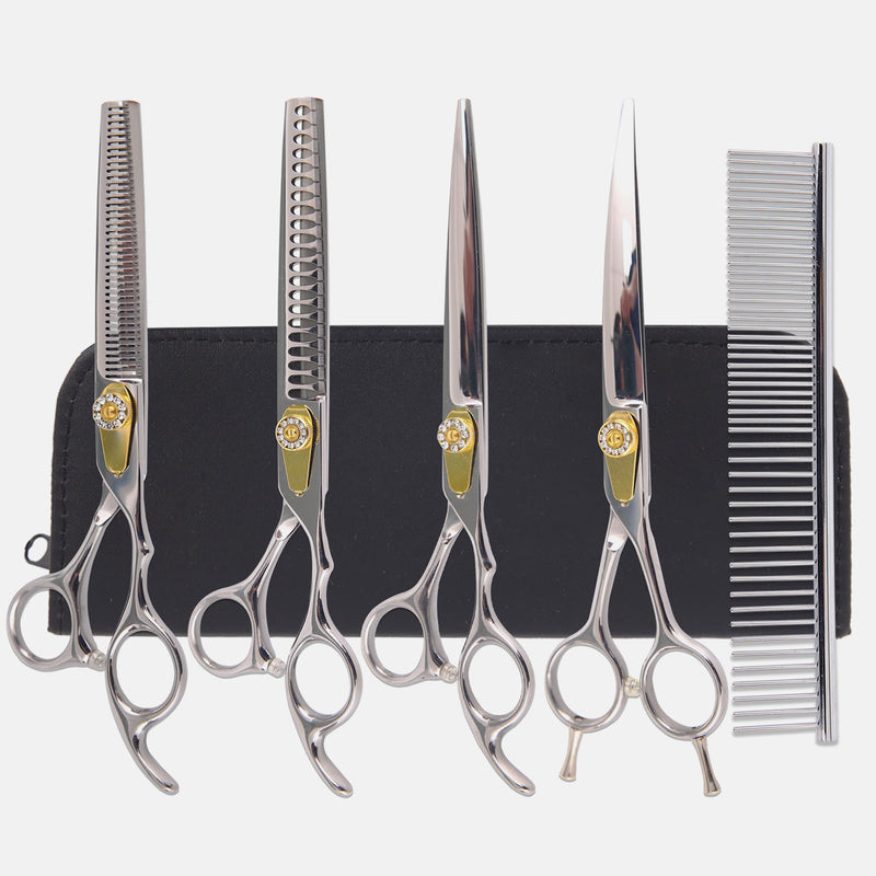 7 Inch Professional Dog Grooming Scissors Kit, 6-in-1 Grooming Scissors for Dogs, Pet Grooming Shears Set, Straight Scissor & Thinning Shear & Curved Scissor & Chunker Shear (Silver) Silver - PawsPlanet Australia