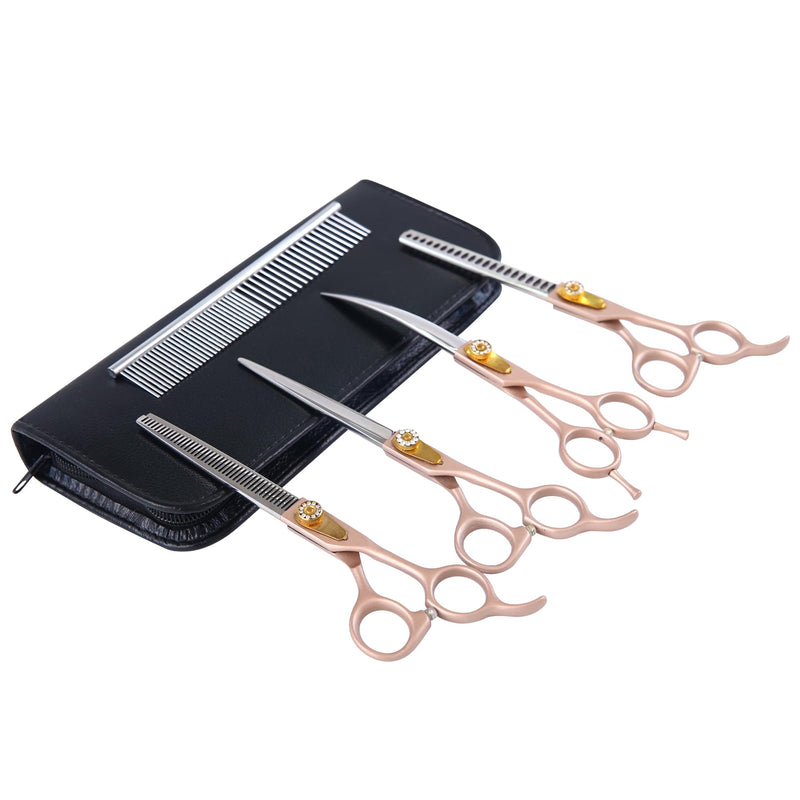 7 Inch Professional Dog Grooming Scissors Kit, 6-in-1 Grooming Scissors for Dogs, Pet Grooming Shears Set, Straight Scissor & Thinning Shear & Curved Scissor & Chunker Shear (Rose Gold) Rose Gold 4 pieces - Professional Kit - PawsPlanet Australia