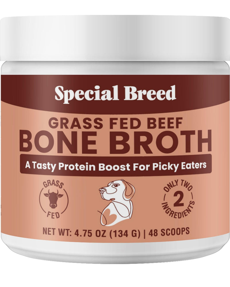 Bone Broth Powder for Dogs and Cats - Dog & Cat Food Topper for Picky Eaters - Grass Fed Beef Bone Broth Supplement - Supports Hydration, Joint, Immunity & Heart Health - Serve Dry or Wet - 4.75oz 4.75 Ounce (Pack of 1)