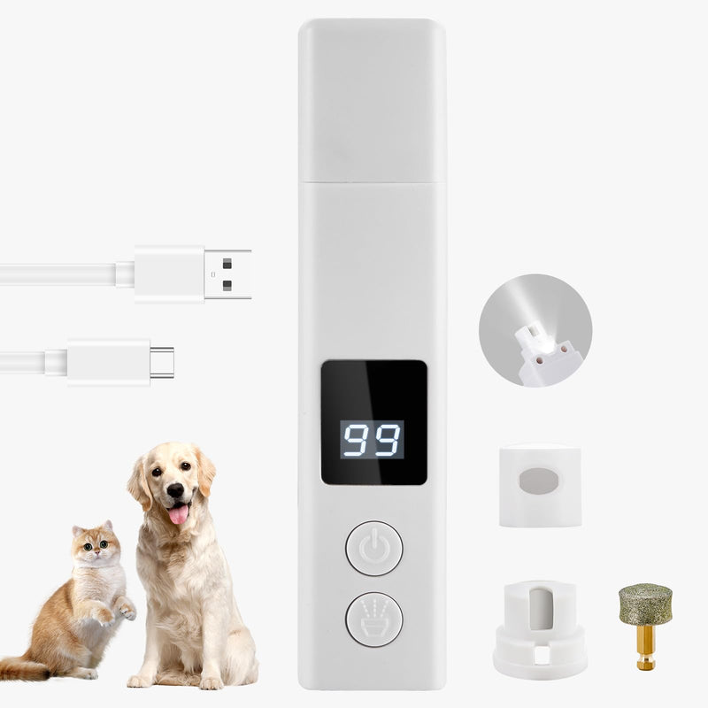 CLIPOP Dog Nail Grinder-Professional 4-Speed Electric USB Rechargeable Pet Nail Trimmer with LED Lights, Quiet/Low Vibration, Painless Paws Grooming & Smoothing for Small to Large Dogs/Cats (White) White - PawsPlanet Australia