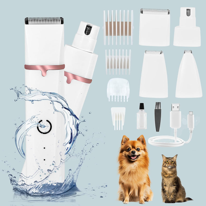 Dog Grooming Clippers, Upgrade Waterproof Cordless Low Noise 4-in-1 Cat Trimmer for Grooming, Rechargeable USB Dog Paw Trimmer - Includes 4 Guide Combs Preferred White - PawsPlanet Australia