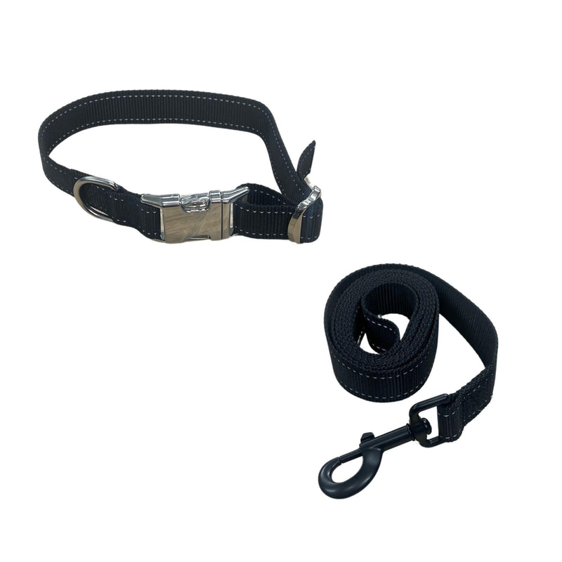 Basic Dog Collar and Leash Bundle Made Out of Durable Nylon with Reflective Stitching, and Metal D Ring. (Black) Black - PawsPlanet Australia