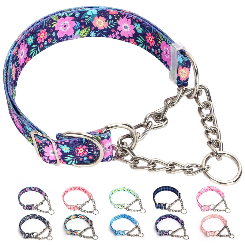 Martingale Dog Collar with Chain, No Pull Slip Cinch Choker Choke Collar Bohemia Flowers Duty Dog Collar for Medium Large Extra Large Pet Dogs,Flowers L 8 L(Neck19-24")