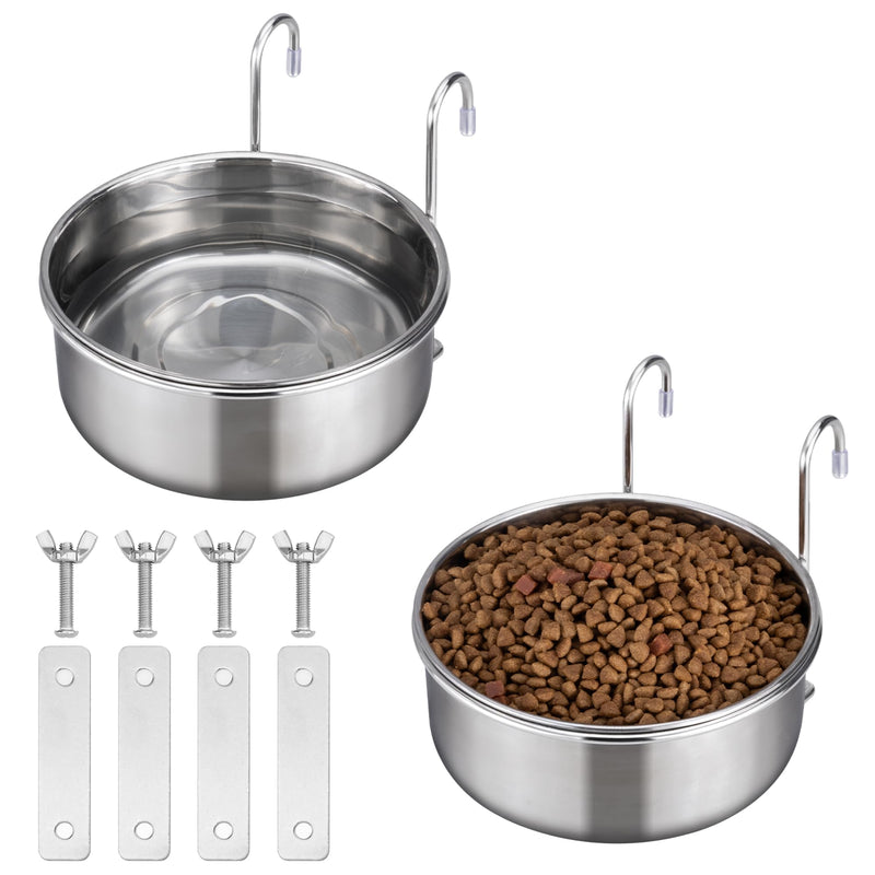 Navaris Cage Hanging Stainless Steel 5.5" (14cm) Bowl Set of 2 - Durable & Rust Resistant - Clip On Pet Crate Food & Water Dish - No Spill Metal Dog Bowls - for Puppy Cats and More 2x 14cm metallic silver - PawsPlanet Australia