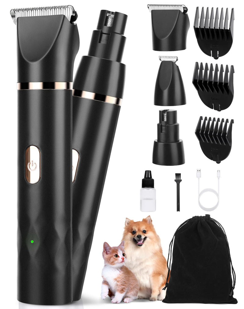 3 in 1 Small Dog Grooming Kit, 2 Speed Rechargeable Dogs Hair Clippers with Guards, Low Noise Electric Dog Paw Trimmer & Nail Grinder, Cordless Pet Shaver for Cats and Small Dogs(Black) Black - PawsPlanet Australia