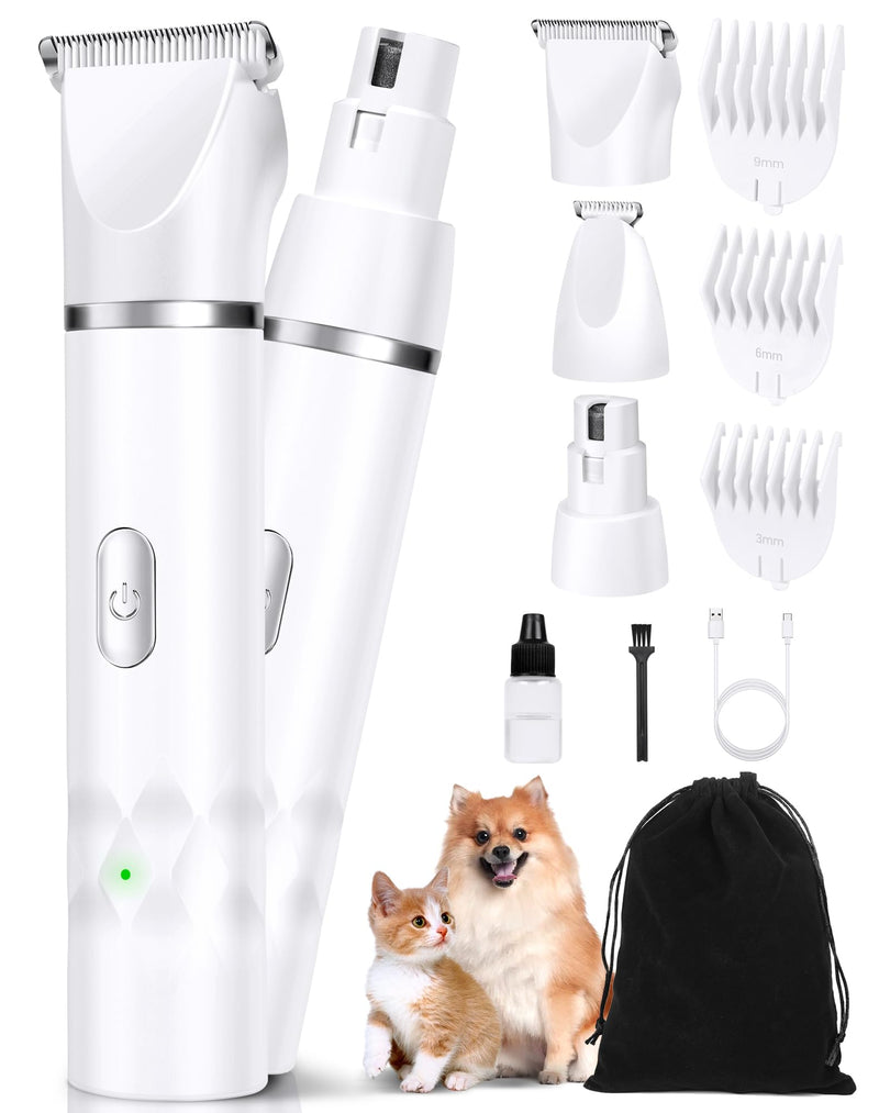 3 in 1 Small Dog Grooming Kit, 2 Speed Rechargeable Dog Hair Clippers with Guards, Low Noise Electric Dog Paw Trimmer & Nail Grinder, Cordless Pet Shaver for Cats and Small Dogs(White) White - PawsPlanet Australia