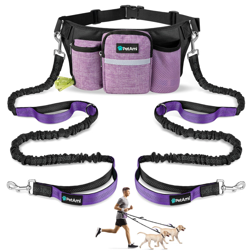 PetAmi Premium Hands Free Dog Leash for 2 Dogs, Adjustable Waist Belt Leash for Dog Walking, Fanny Pack Accessories Bag Dual Bungee Leash for Running, Hiking, Jogging, Biking, Purple 2 Leashes - PawsPlanet Australia