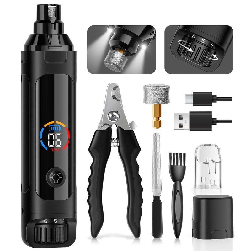 Dog Nail Grinder, 6-Speed Quiet Electric Dog Nail Trimmers, Dog Nail Clippers with File for Small Medium Large Dogs, Cats, Rechargeable Pet Paw Grooming Supplies Kit, 2 Grinding Wheels (Black) Black - PawsPlanet Australia