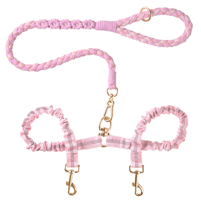 Double Dog Leash – Tangle-Free Dual Leash with 360° Swivel, Shock Absorbing Bungee, Reflective Stitching & Hand-Braided Main Rope (Supports Up to 440 lbs, Pink) - PawsPlanet Australia
