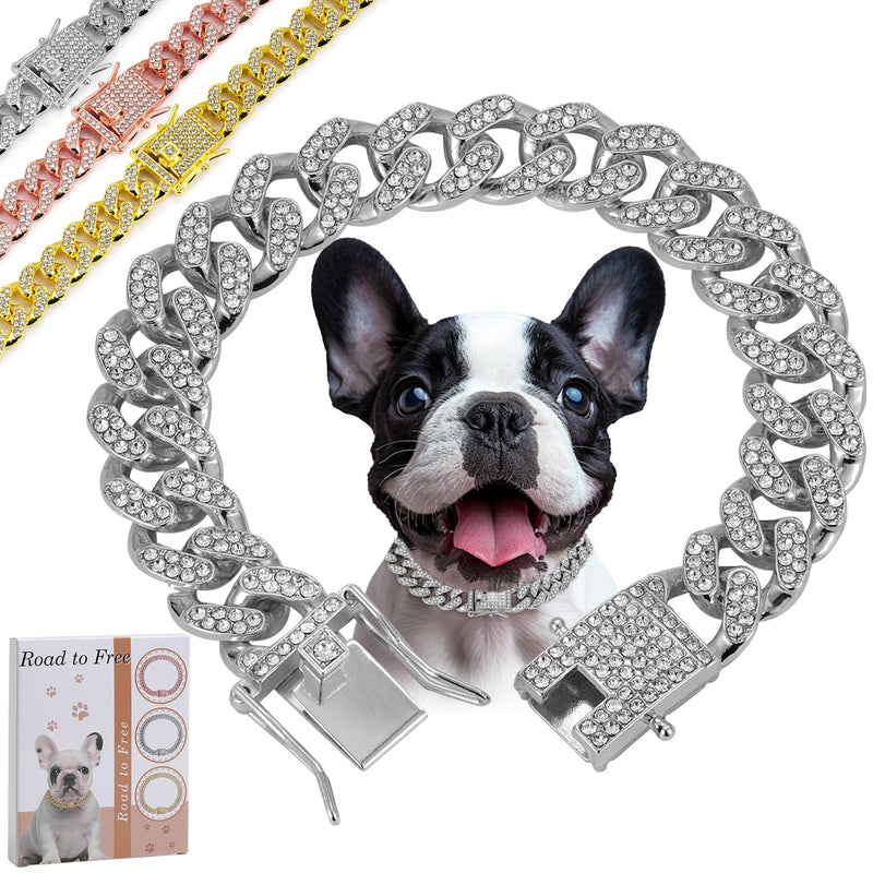 Silver Dog Chain Diamond Collar Walking Metal Chain Collar with Secure Buckle, Pet Cuban Style Collar Jewelry Accessories for Small Medium Large Dogs, Available in Pet Gift (Silver, 16inch) Silver - PawsPlanet Australia