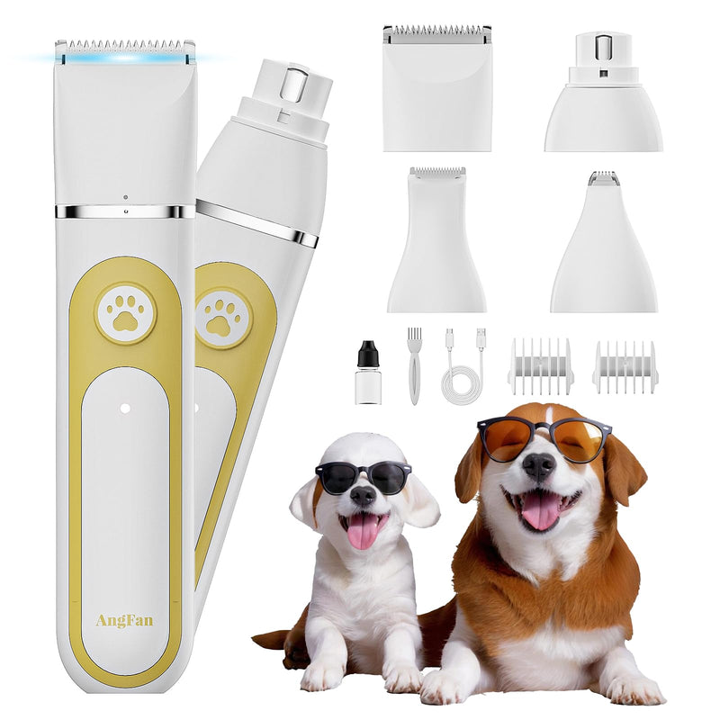 Dog Clippers Grooming Kit with 4 in 1 Tools, Cordless Dog Paw Trimmer & IPX7 Waterproof & Nail Grinder, Low Noise Quiet Design with Silicone Grip for Dogs and Cats Yellow - PawsPlanet Australia