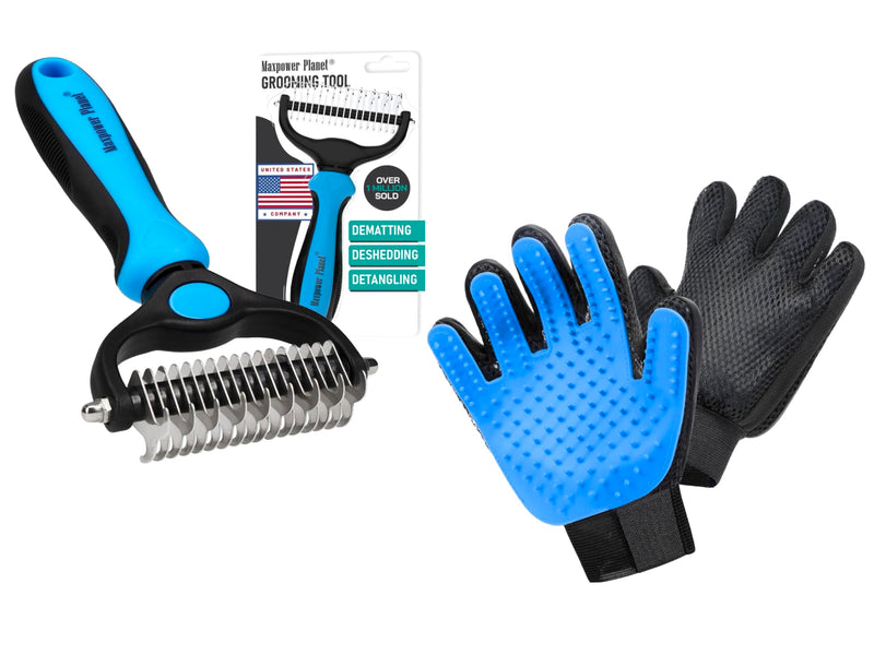 Maxpower Planet Hair Brush & Grooming Gloves for Dogs and Cats - Blue - PawsPlanet Australia
