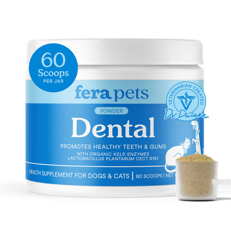 Fera Pets Cat & Dog Dental Support Powder - Supports Fresh Breath - Promotes Healthy Teeth and Gums - Targets Tartar Build-Up - Includes Kelp, Enzymes & Postbiotics - 60 Scoops - PawsPlanet Australia