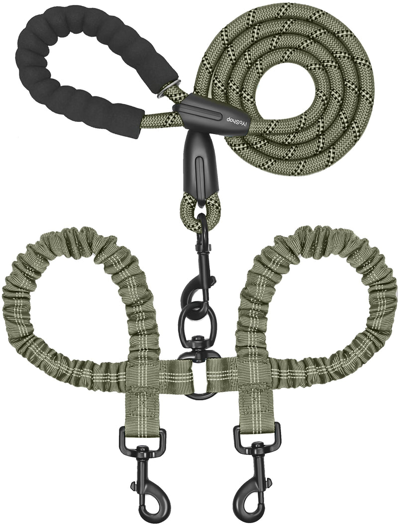 iYoShop Dual Dog Leash - 360° Swivel, No Tangle Walking Leash with Shock Absorbing Bungee for Two Dogs (Medium, 8-35 lbs, Military Green) Medium