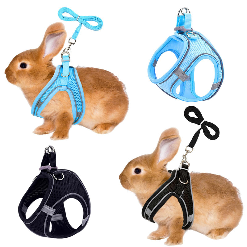 2 Pack Rabbit Harness and Leash Set, Double Buckle Bunnies Harness with Reflective Strips Soft Breathable Mesh Vest Harness for Rabbits Walks Accessories(Blue and Black) XXXS Blue and Black - PawsPlanet Australia