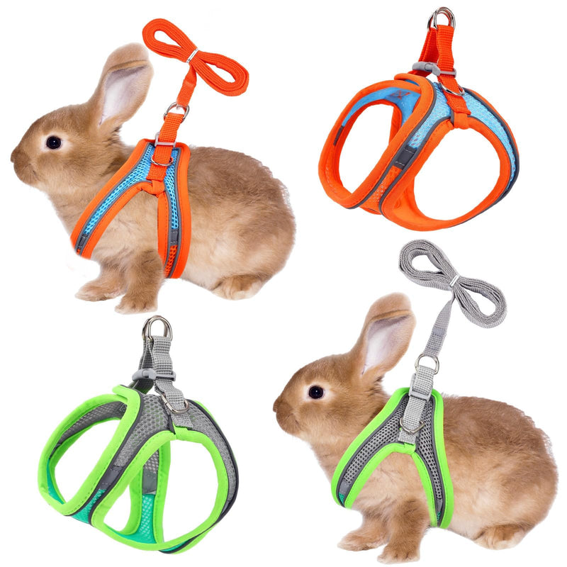 2 Pack Rabbit Harness and Leash Set, Double Buckle Bunny Harness with Reflective Strips Soft Breathable Mesh Vest Harness for Rabbits Walks Accessories XXS Orange and Green