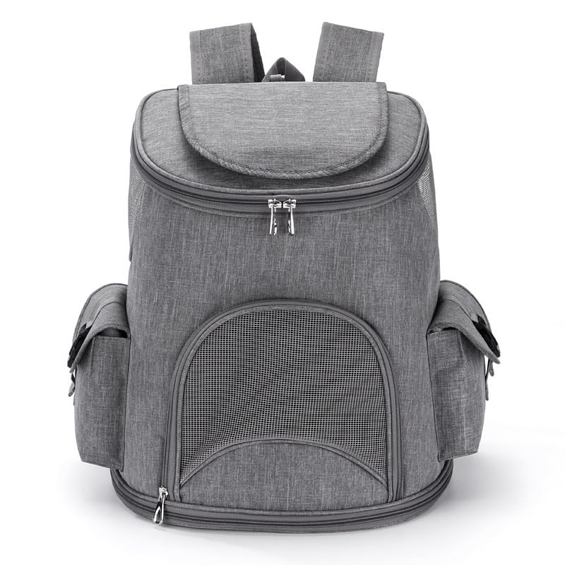 Foldable Cat Backpack Carrier - Dual-Sided Zipper & Magnetic Buckle, Breathable Mesh Pet Carrier with Adjustable Drawstring, Airline Approved Travel Backpack (Grey) - PawsPlanet Australia