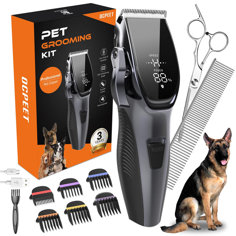 Dog Grooming Kit Low Noise，Cordless 4 in 1 Dog Clippers for Grooming Rechargeable Pet Cat Trimmer with 2 Speed,6 Guards,Scissors,Comb for Small Medium Large Pets Dogs Cats Thick Hair Cutting (Pewter) 🟫🟫🟫whisper-quiet Pewter🟫🟫🟫 - PawsPlanet Australia