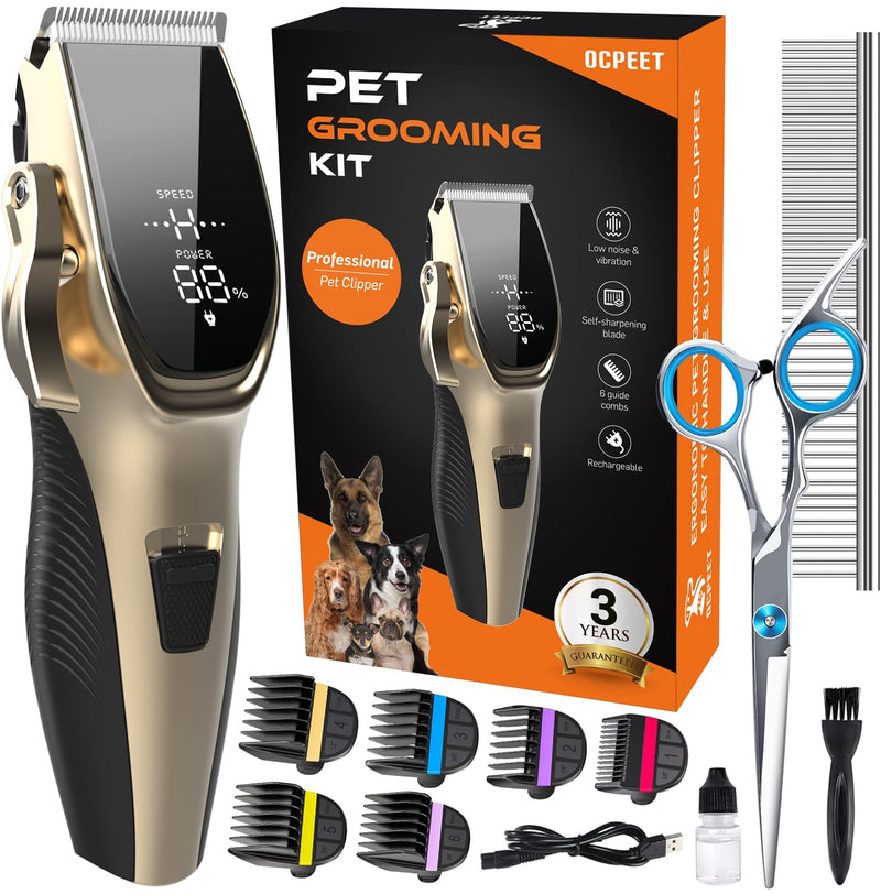 Dog Grooming Kit Low Noise?Cordless 4 in 1 Dog Clippers for Grooming Rechargeable Pet Cat Trimmer with 2 Speed,6 Guards,Scissors,Comb for Small Medium Large Pets Dogs Cats Thick Hair Cutting(Gold) Gold