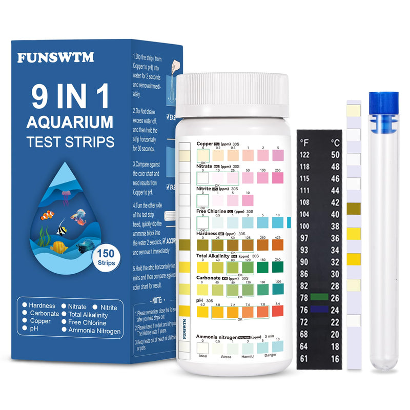 Aquarium Test Strips for Fish Tank: 9 in 1 Aquarium Water Test Kit for Freshwater - 150ct Fish Test Strips Testing Ammonia pH Nitrate Chlorine Nitrite Hardness Alkalinity Copper 9 in 1 - 150 Count