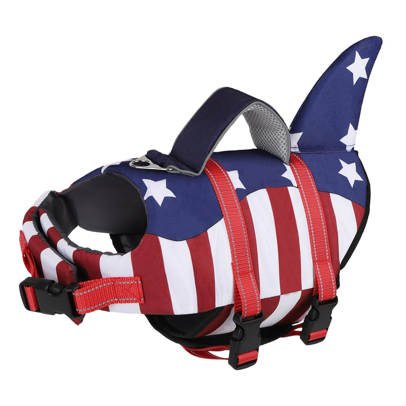 TDTOK Dog Life Jacket Shark Fin American Flag Pattern with Rescue Handle and Reflective Stripes Suitable for 4th of July, High Buoyancy Life Safety Vest for Dogs Swimming and Boating X-Small - PawsPlanet Australia
