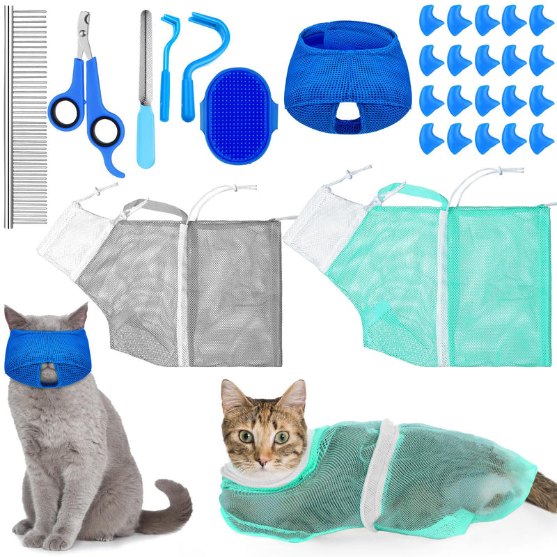 10 Pcs Cat Bathing Bag Set Pet Mesh Shower Bag Anti Bite and Scratch Pet Grooming for Washing Brush, Cat Muzzle, Nail Clipper, Nail File, Tick Tool (Blue and Gray) Blue and Gray - PawsPlanet Australia