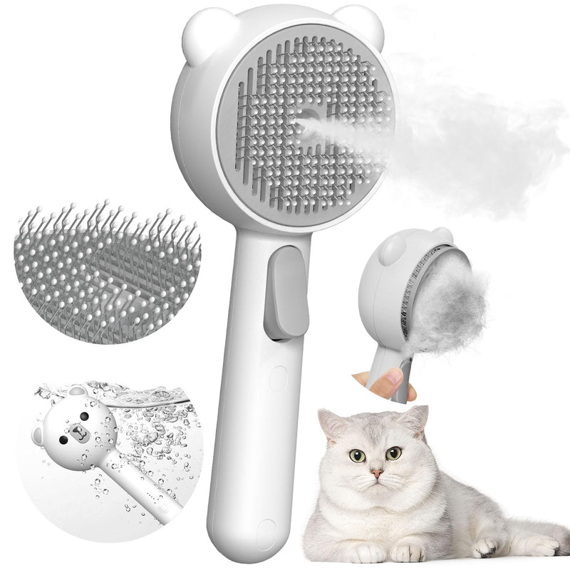 Cat Steam Brush with 2 Spray Levels & Release Button, 4-in-1 IPX7 Waterproof Water Brush for Shedding Grooming, Pet Hair Removal Comb for Long Short Haired Cats Dogs, Self Cleaning Slicker White with Handle - PawsPlanet Australia