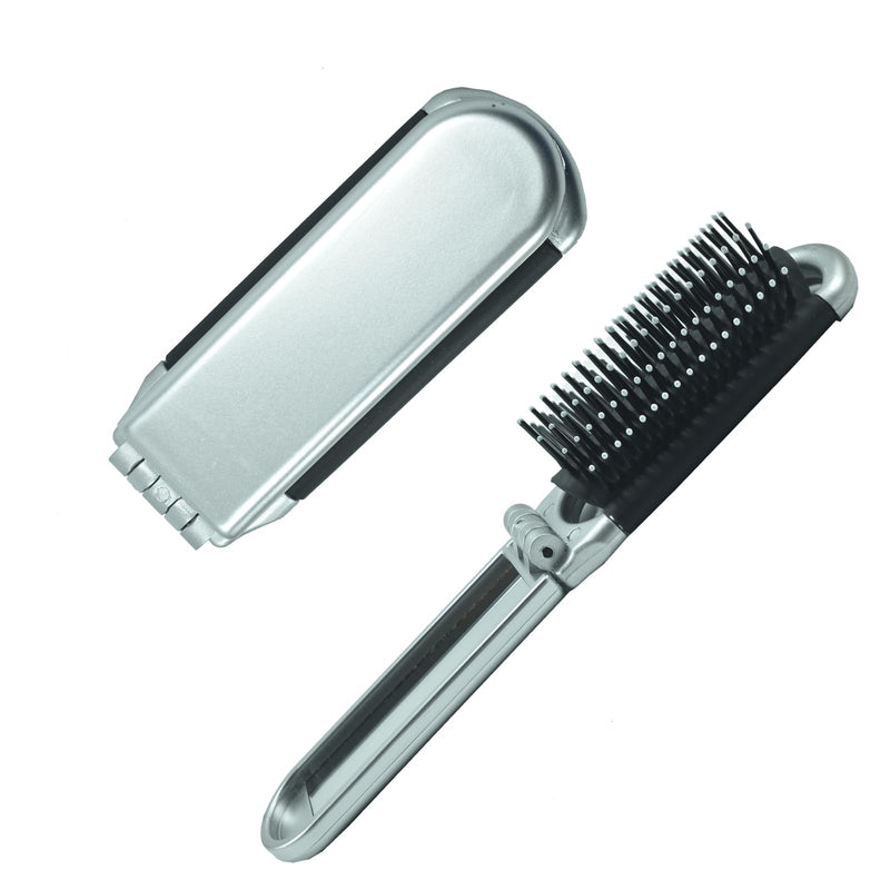 Travel Pet Hair Brush with Mirror and Massage Comb - Foldable Compact Grooming Tools for Dogs and Cats (Painted Silver) Painted Silver - PawsPlanet Australia