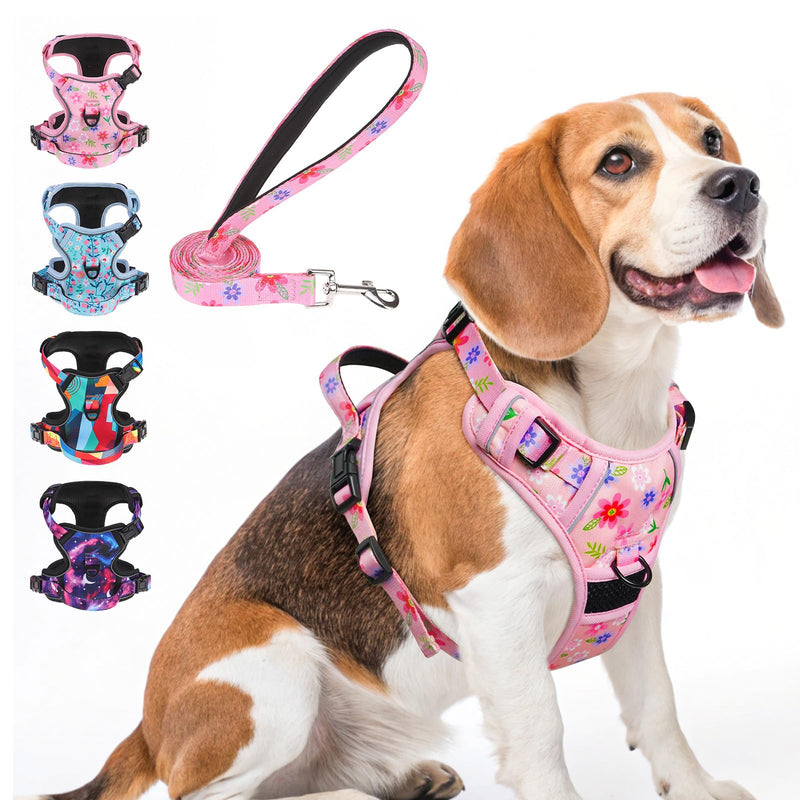 BEAUTYZOO No Pull Dog Harness and Leash Set with 2 Metal Leash Clips - Overhead-Free 3 Snap Buckles Design, Adjustable No-Choke Soft Padded Reflective Oxford Pet Vest for Small Medium Large Dogs, M M: chest 16"-28" Pink Flower - PawsPlanet Australia