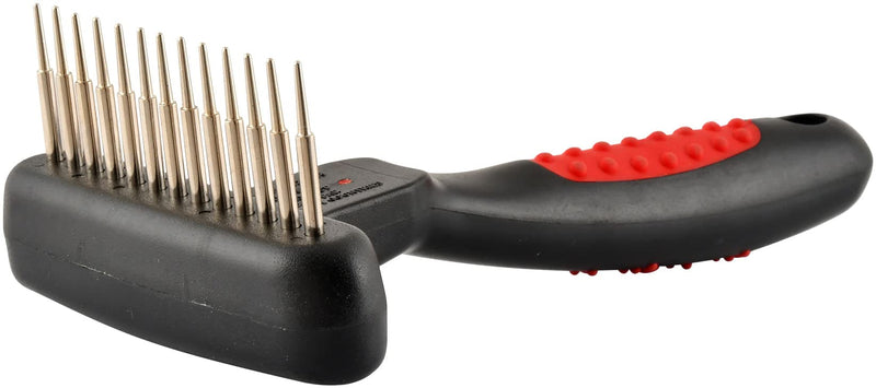 Jeffers Pet Magic Spring Undercoat Rake, Black & Red, 13 Long Pins - Rotating Retractable Teeth for Dogs, Cats - Grooming Tool for Shedding, Detangling, Removing Fur and Mats - Black Red