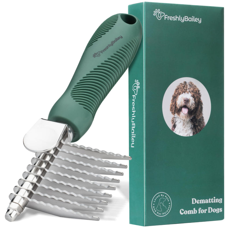 Dematting Comb for Dogs - Dematting Tool for Grooming Dog Matting - Serrated Matted Hair Removal Brush - Easily Remove Knots, Mats, and Tangles - Designed for Wavy & Curly Coats - Freshly Bailey - PawsPlanet Australia