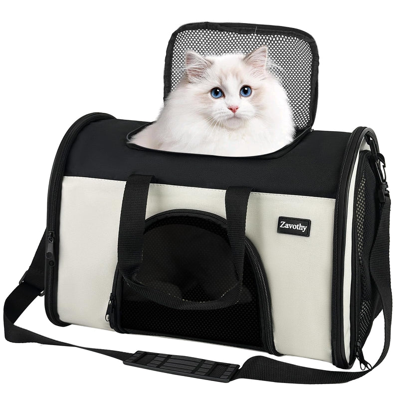 Zavothy TSA Airline Approved Soft-Sided Pet Carrier for Small to Medium Cats and Puppies, Up to 15 Lbs – Collapsible Travel Carrier for Dogs & Cats, White 16.54"L x 9.84"W x 11.42"H