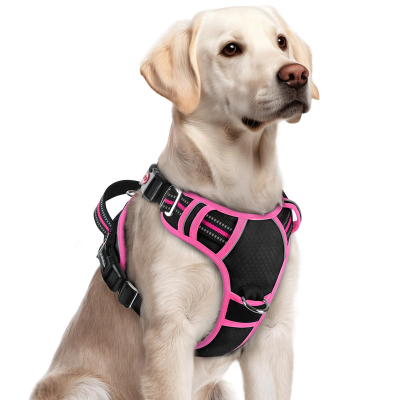 rabbitgoo Dog Harness for Large Dogs, No Pull Pet Vest with 3 Buckles, Adjustable Soft Padded Pet Harness with Easy Control Handle and Reflective Strips, Black & Rose Pink, L - PawsPlanet Australia