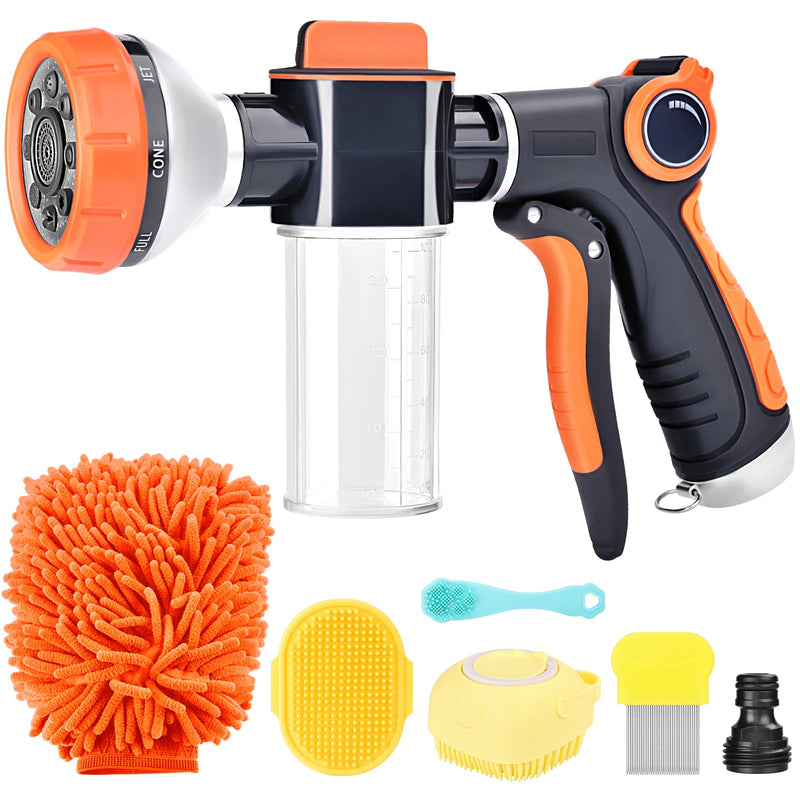 Upgrade Dog Washing Hose Attachment, 8 Way Spray Pattern Garden Hose Nozzle with Soap Dispenser, Dog Wash Supplies with 2 type Dog Bath Brush, Dog Comb and Toothbursh, Car Washing Mitt Orange US new - PawsPlanet Australia
