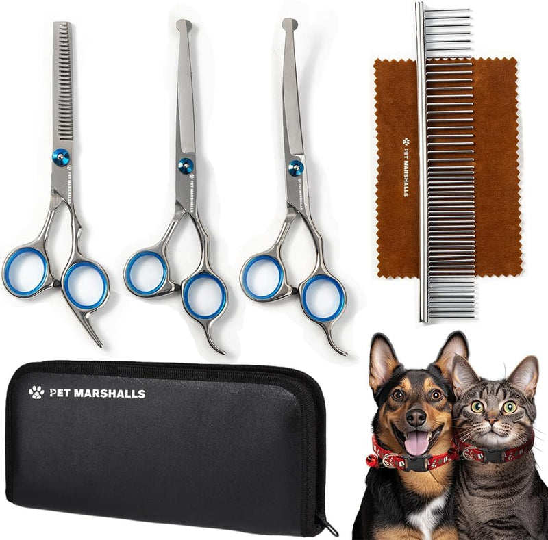 Professional Pet Grooming Kit 5-in-1 - Stainless Steel Trimming Scissors Set with Straight Hair Comb for Small and Large Pets - PawsPlanet Australia