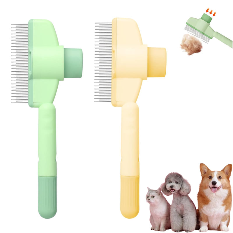 2Pcs Pet Comb Flea Comb for Cats Dogs,Self-Cleaning Cat Grooming Brush with Release Button and Stainless Steel Round Teeth,Detangling Long and Matted on Cats and Dogs(Yellow+Green)