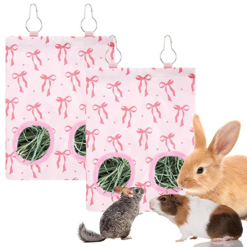 2Pcs Rabbit Hay Feeder Bag with 2 Holes Pink Bow Guinea Pig Hanging Hay Feeding Bag Storage Dispenser for Chinchilla Hamster Bunny Small Animal Pet - PawsPlanet Australia