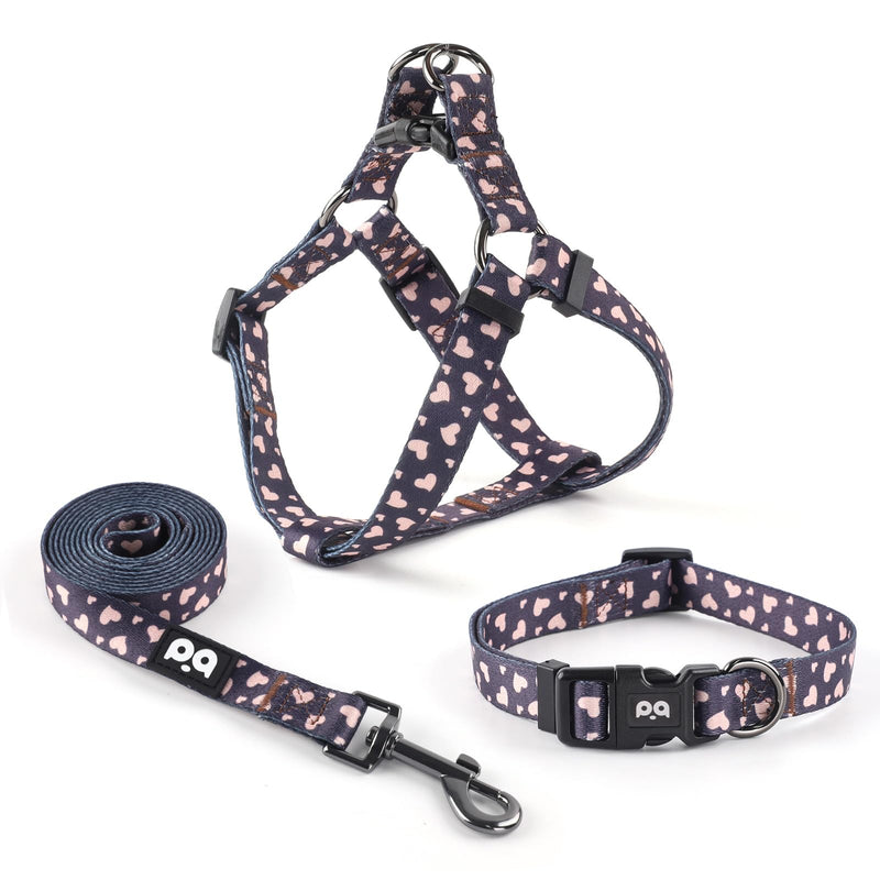 QQPETS Dog Harness Collar Leash - No Pull Pet Adjustable Back Clip Halter Basic Collar Heavy Duty 5FT Anti-Twist Leash for Extra Small Puppy Medium Large Breed Training Easy Walk(XS,Black Heart) Black Heart XS - PawsPlanet Australia