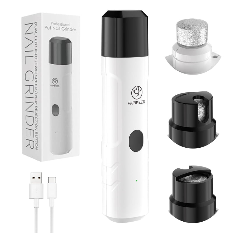 PAPIFFEED Dog Nail Grinder Upgraded with 2 LED Lights, 3-Speed Rechargeable & Quiet - Upgraded Electric Pet Nail Trimmer for Small Medium Large Dogs & Cats, Painless Paws Grooming Tool - White White single nail grinder - PawsPlanet Australia