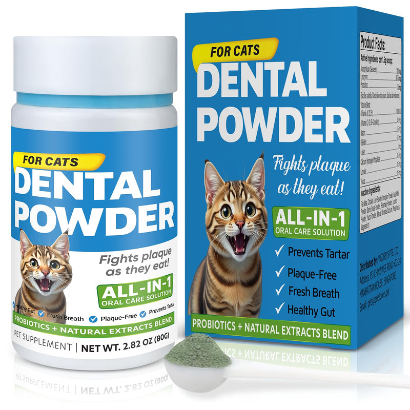 Cat Dental Care Powder Bad Breath Treatment for Cats Teeth, Mouth, Gums & Gut, Plaque Off,Tartar Control, Help Feline Gingivitis and Stomatitis, with Natural Extracts & Probiotics Cat Dental Powder - PawsPlanet Australia