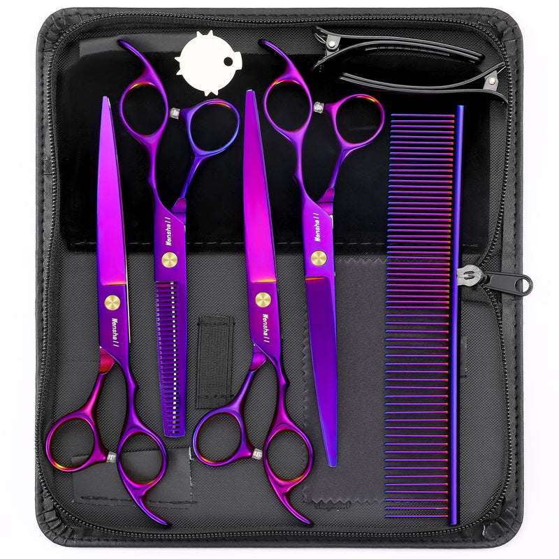 Professional Dog Grooming Scissors Set - 6.5" Thinning, 7" Straight, 7" Up-Curved, 7" Down-curved Scissors and Comb for Dog Cat Pet (Purple) Purple - PawsPlanet Australia