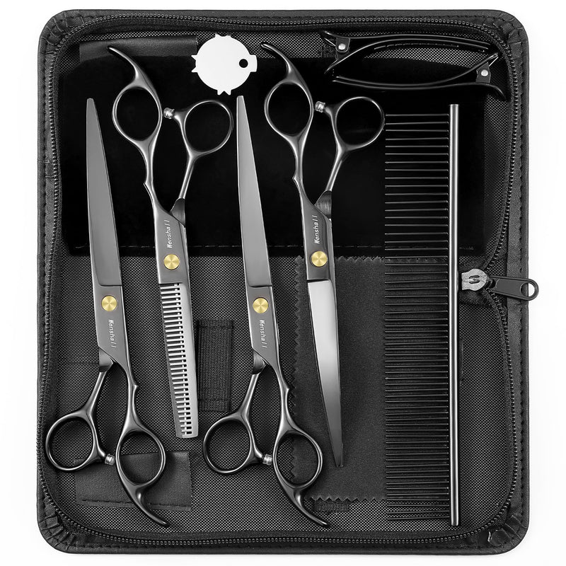 Professional Dog Grooming Scissors Set - 6.5" Thinning, 7" Straight, 7" Up-Curved, 7" Down-curved Scissors and Comb for Dog Cat Pet (Black) Black - PawsPlanet Australia