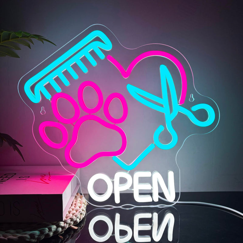 Mutank Pet Shop Open Neon Sign, Paw Neon Light USB Powered LED Dimmable Scissors Sign, for Pet Shop Business Sign Pet Spa Pet Salon Animal Clinic Decor Pet Grooming and Welcome Sign(13.3 * 12.2 In) Blue+Pink+White - PawsPlanet Australia