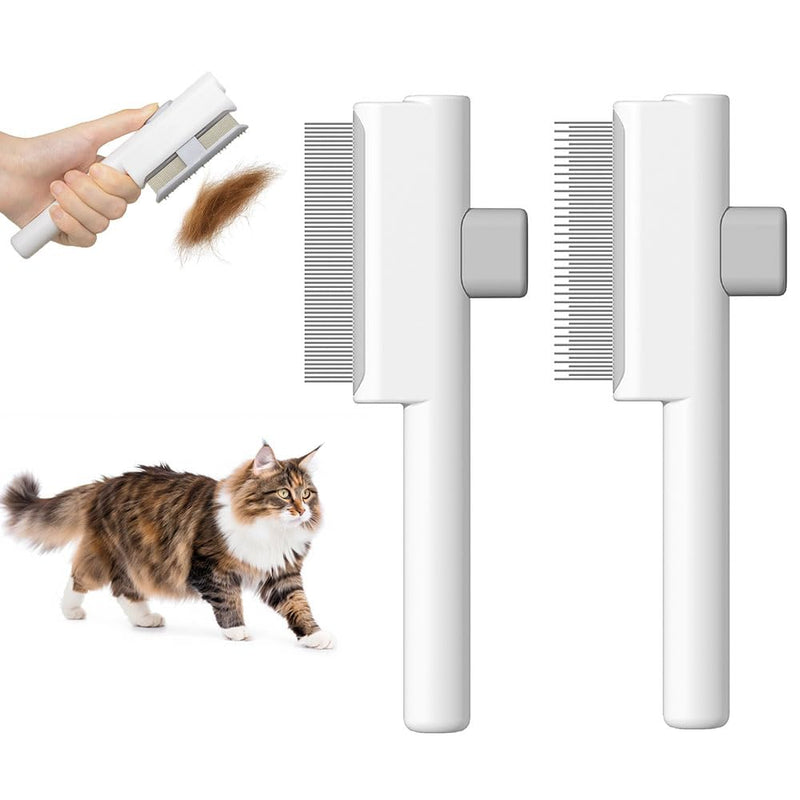 Marchul 2Pcs Pet Comb Flea Comb Set for Cats Dogs, Cat Grooming Brush with Release Button and Stainless Steel Round Teeth, Self-Cleaning Dog Combs for Removing Pet Hair, Knots & Loose Fur, White - PawsPlanet Australia