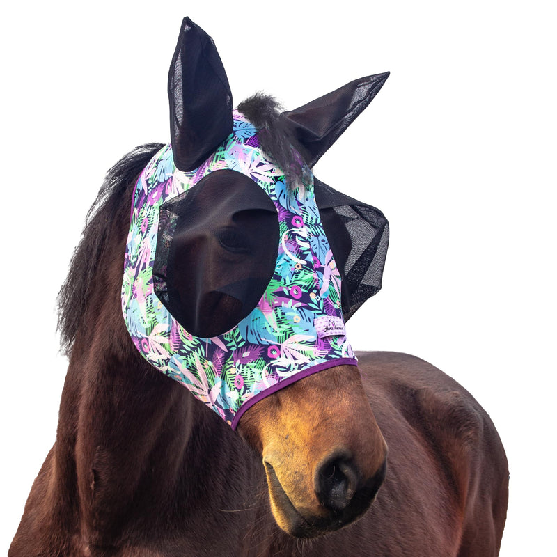 Stretchy Horse Fly Mask with Ears,Extra-Large Eyes & Mane Opening – Soft, Breathable Fly Mask for Horses, Tangle-Free Design, Enhanced Visibility (Purple Leaves, Full (Large)) Full (Large) Purple Leaves - PawsPlanet Australia