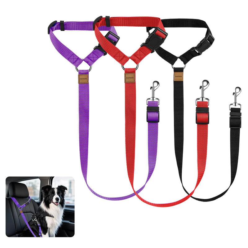 3 Pack Dog Seat Belt for Car, Car Headrest Restraint Adjustable Nylon Fabric, Dog Restraints Vehicle Seatbelts Harness (Black & Red & Purple) Red & Black & Purple - PawsPlanet Australia